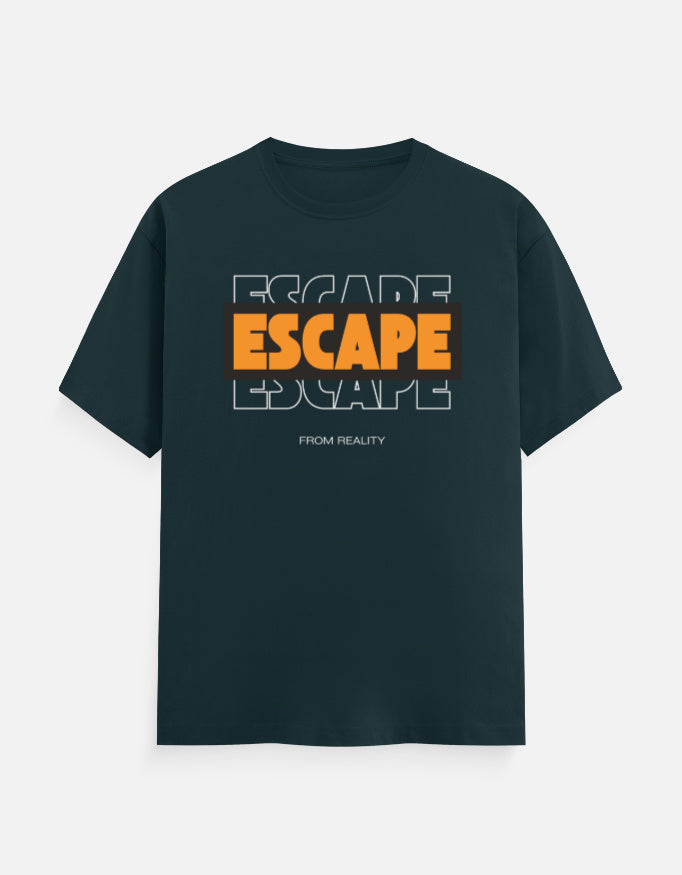 A dark teal short-sleeve t-shirt with a graphic on the chest reading 'ESCAPE ESCAPE ESCAPE' in orange and white, with 'FROM REALITY' printed below, displayed against a light gray background.