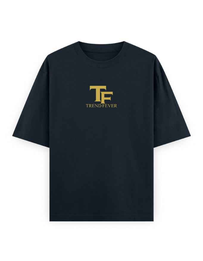 Black oversized streetwear t-shirt with gold TF logo and Trend Fever text on chest