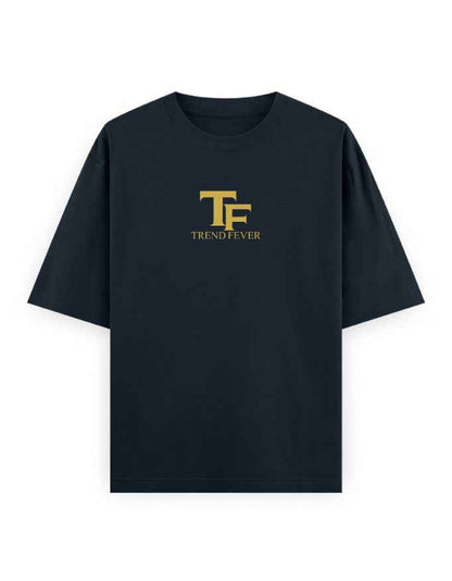 Black oversized streetwear t-shirt with gold TF logo and Trend Fever text on chest