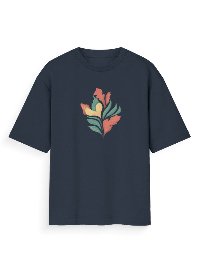 Navy oversized t-shirt with colorful abstract leaf graphic on front