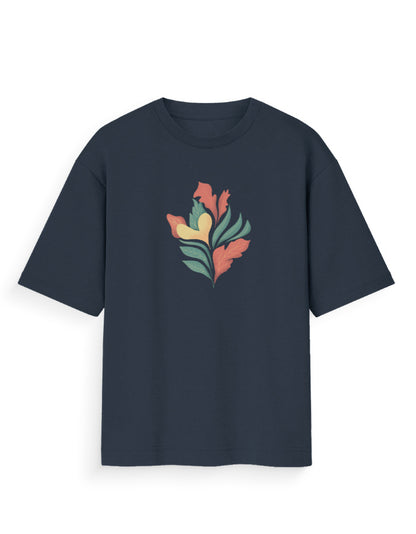 Navy oversized t-shirt with colorful abstract leaf graphic on front