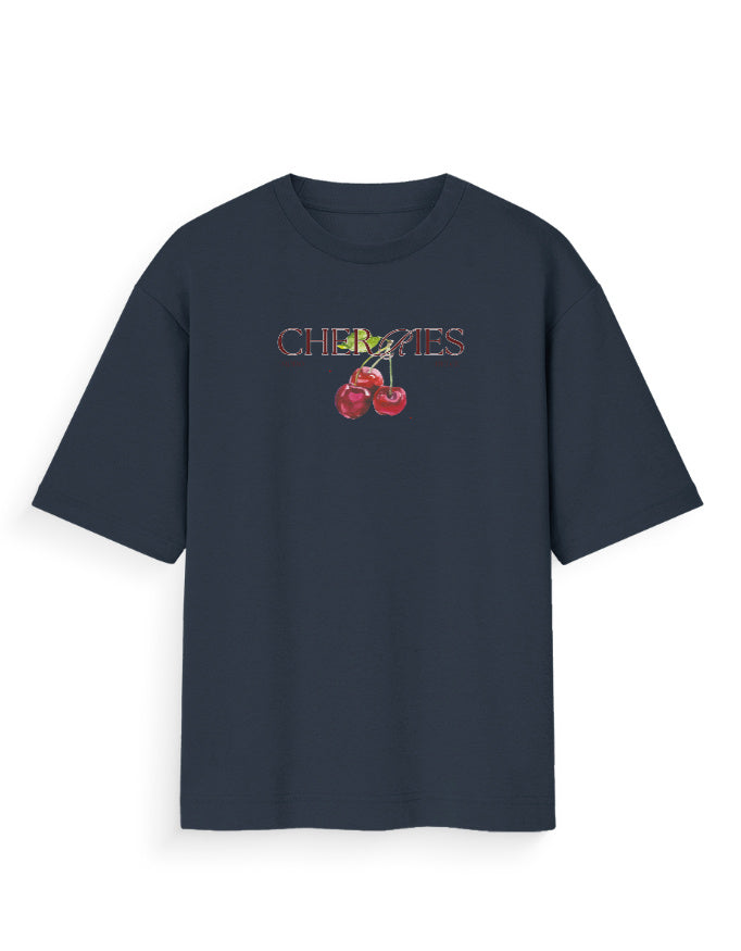 Oversized navy t-shirt with 'Cherries' text and cherry graphic on chest, streetwear style