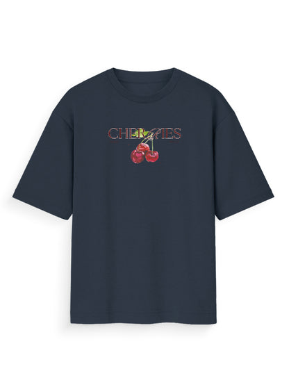 Oversized navy t-shirt with 'Cherries' text and cherry graphic on chest, streetwear style