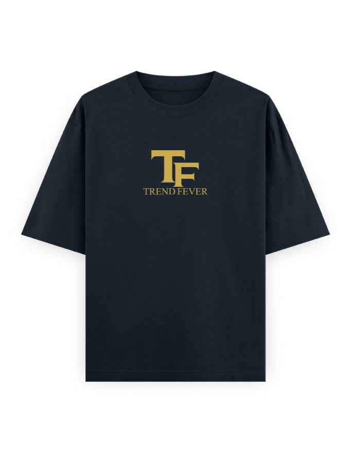 Black oversized t-shirt with gold TF Trend Fever logo on front, streetwear fashion