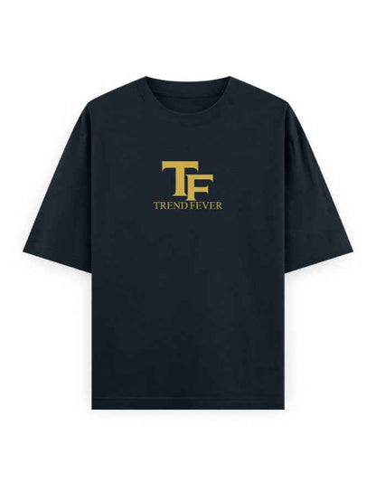 Black oversized t-shirt with gold TF Trend Fever logo on front, streetwear fashion
