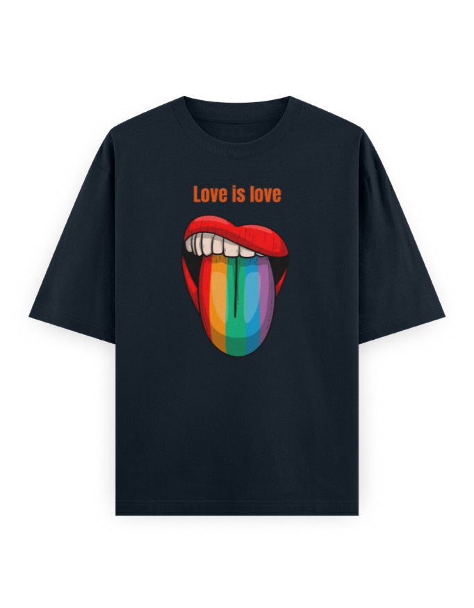 Black oversized t-shirt with 'Love is love' and rainbow lips graphic, streetwear fashion