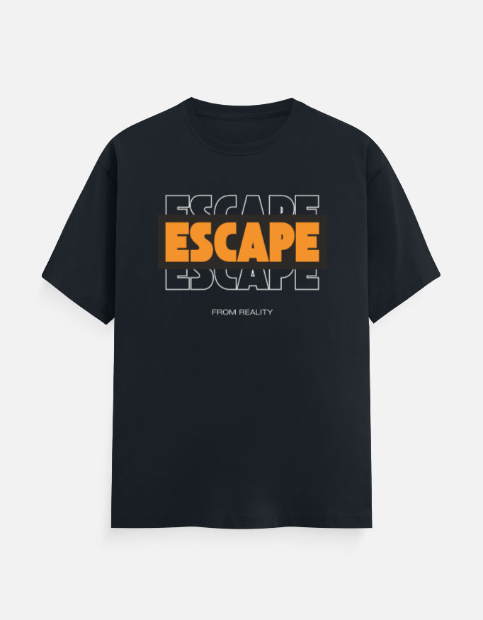 A black short-sleeve t-shirt with a graphic on the chest reading 'ESCAPE ESCAPE ESCAPE' in orange and white, with 'FROM REALITY' printed below, shown against a light gray background.