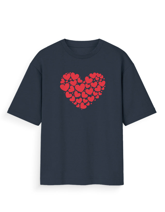 Oversized black t-shirt with red heart graphic made of smaller hearts, streetwear style