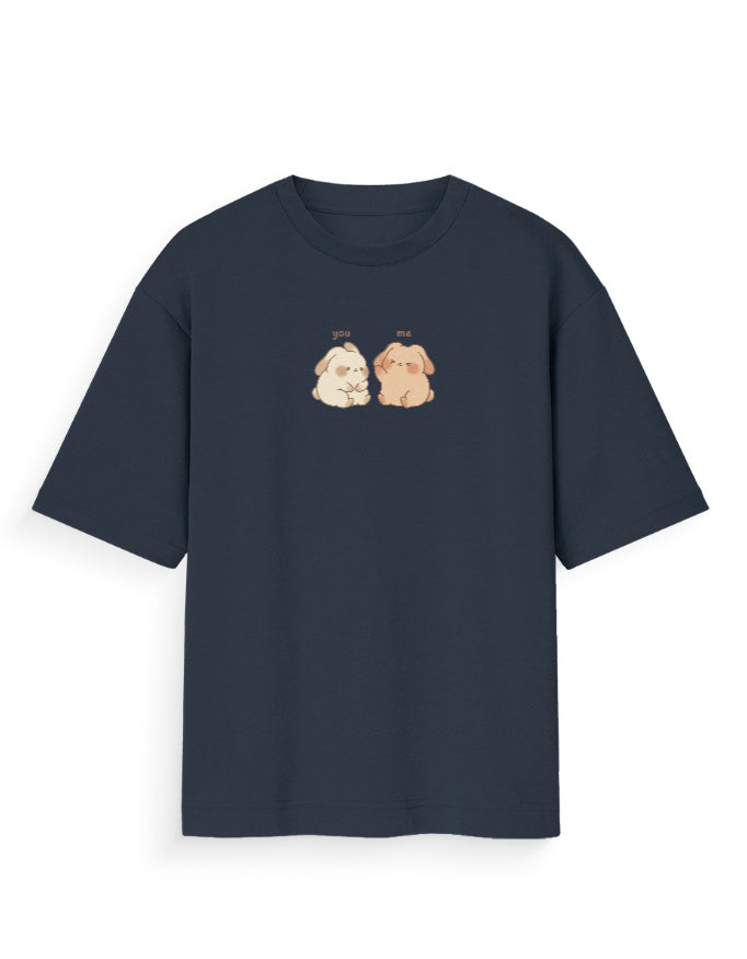 Navy oversized t-shirt with cute cartoon bunnies and 'you me' text on the chest
