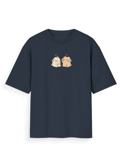 Navy oversized t-shirt with cute cartoon bunnies and 'you me' text on the chest