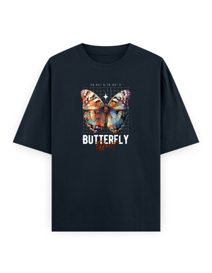 Black oversized streetwear t-shirt with colorful butterfly graphic and 'Butterfly Effect' text