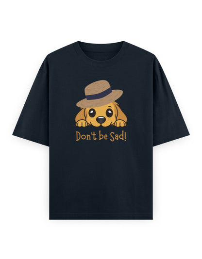 Oversized black streetwear t-shirt featuring a cute dog in hat and 'Don't be Sad!' text