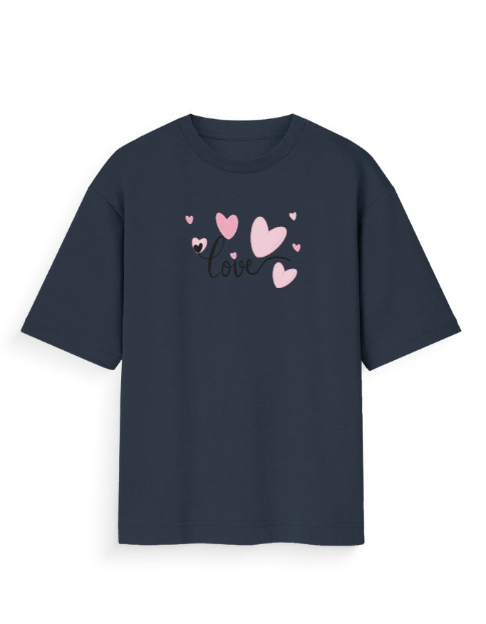Oversized black t-shirt with pink heart graphics and love text, streetwear fashion