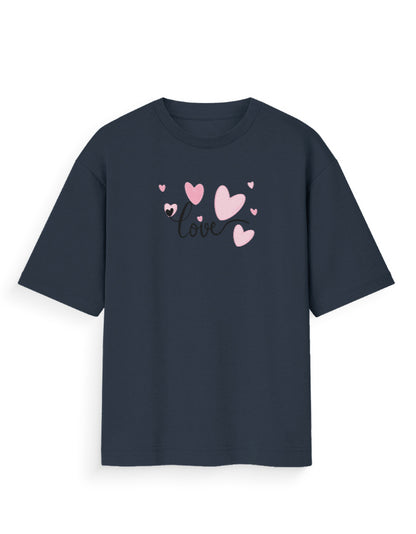 Oversized black t-shirt with pink heart graphics and love text, streetwear fashion