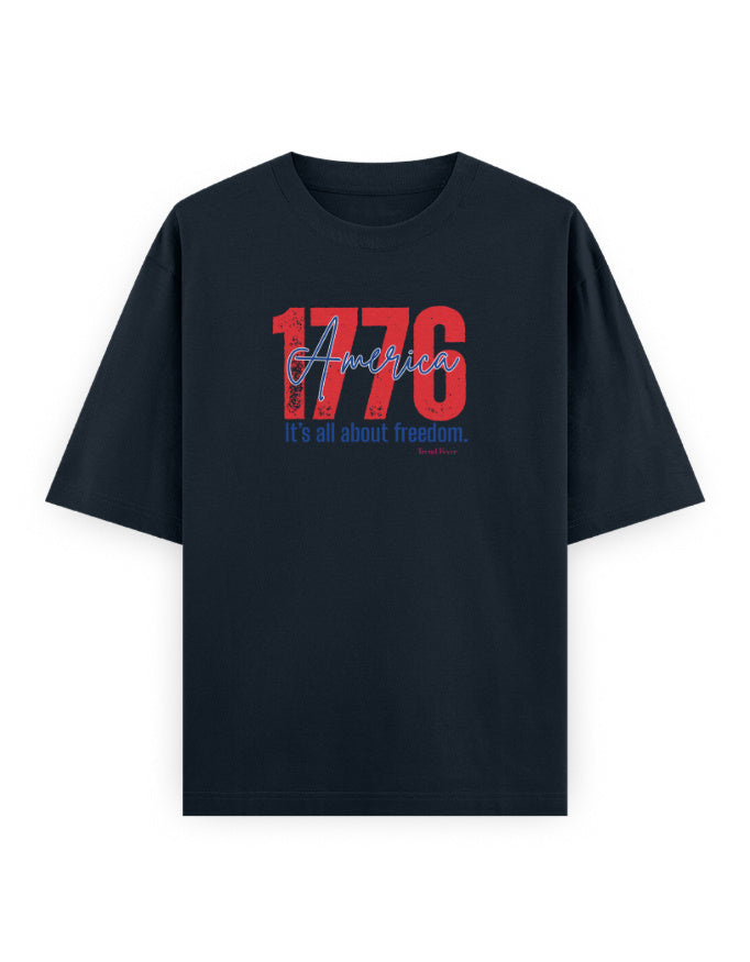 Black oversized t-shirt with red '1776 America' and 'It's all about freedom' graphic print