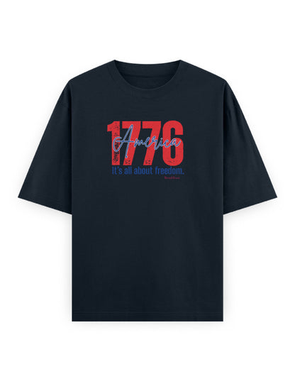 Black oversized t-shirt with red '1776 America' and 'It's all about freedom' graphic print