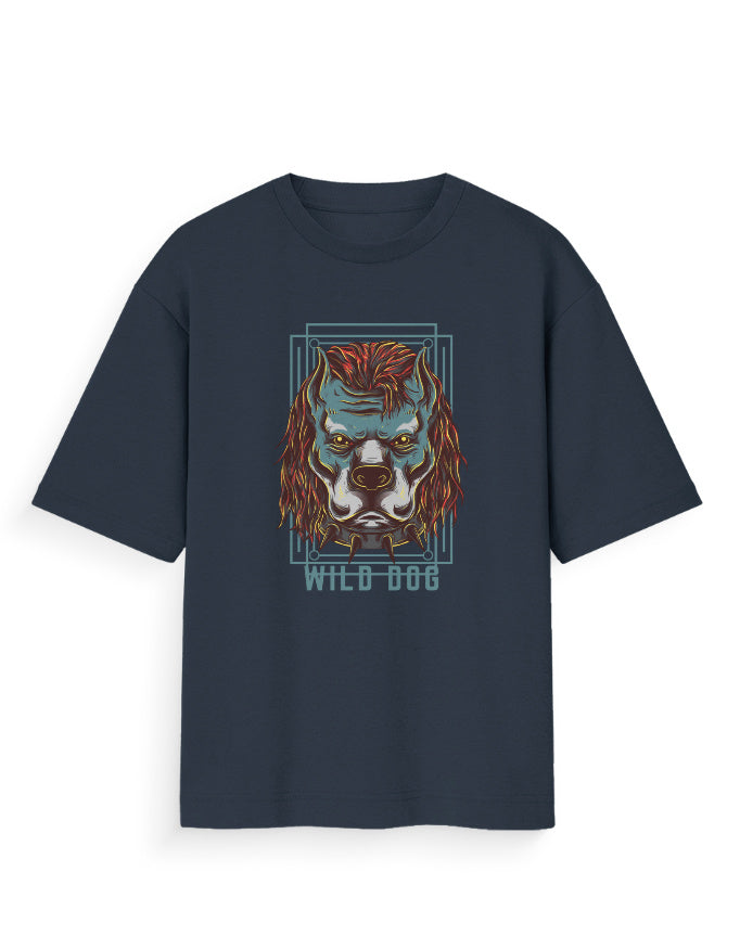 Oversized black t-shirt with colorful wild dog graphic and bold streetwear design