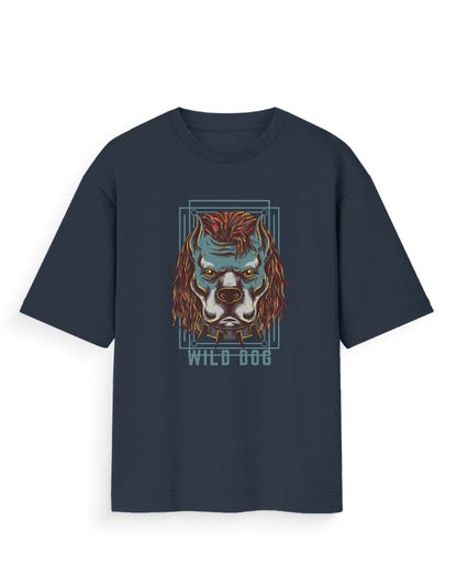 Oversized black t-shirt with colorful wild dog graphic and bold streetwear design
