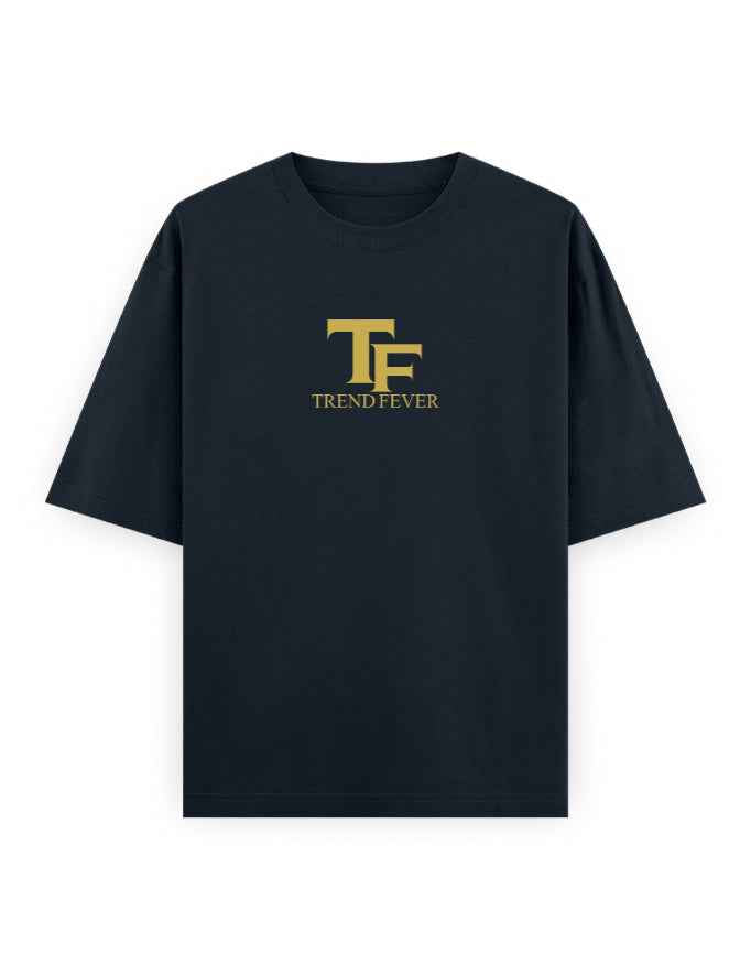Black oversized t-shirt with gold TF Trend Fever logo, streetwear fashion