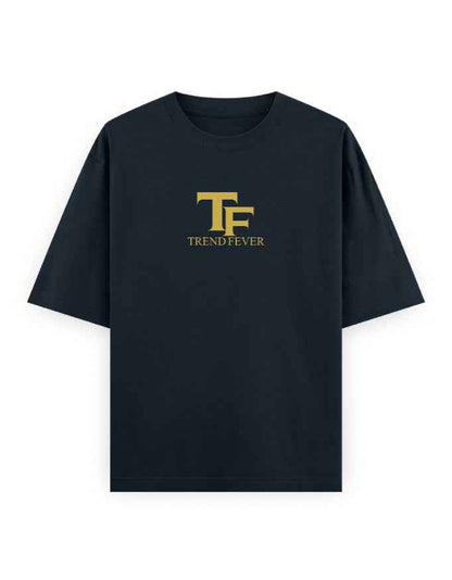 Black oversized t-shirt with gold TF Trend Fever logo, streetwear fashion