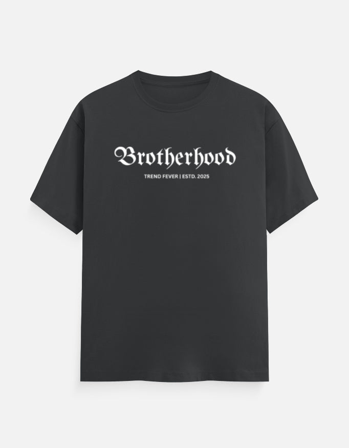 Black t-shirt with 'BROTHERHOOD' printed on it against a white background
