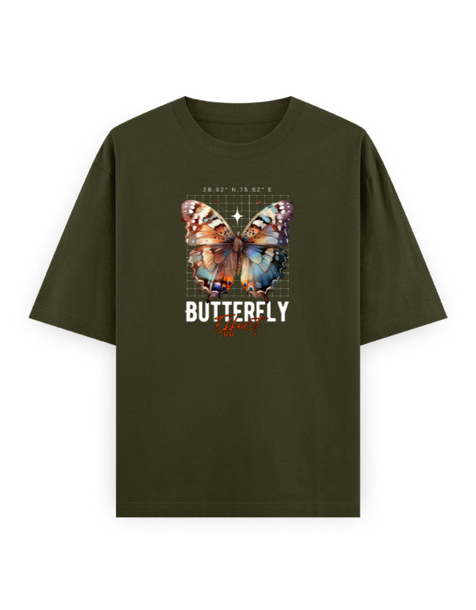 Olive oversized t-shirt featuring colorful butterfly graphic and 'Butterfly Effect' text print