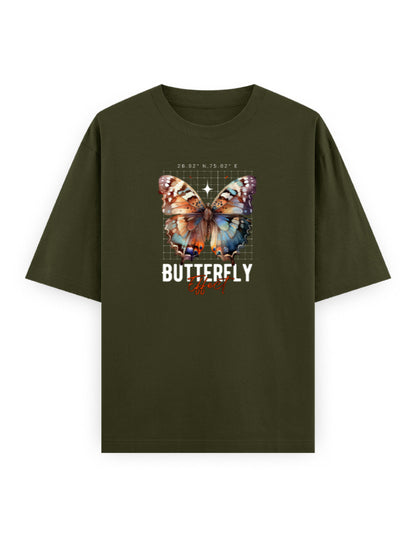 Olive oversized t-shirt featuring colorful butterfly graphic and 'Butterfly Effect' text print