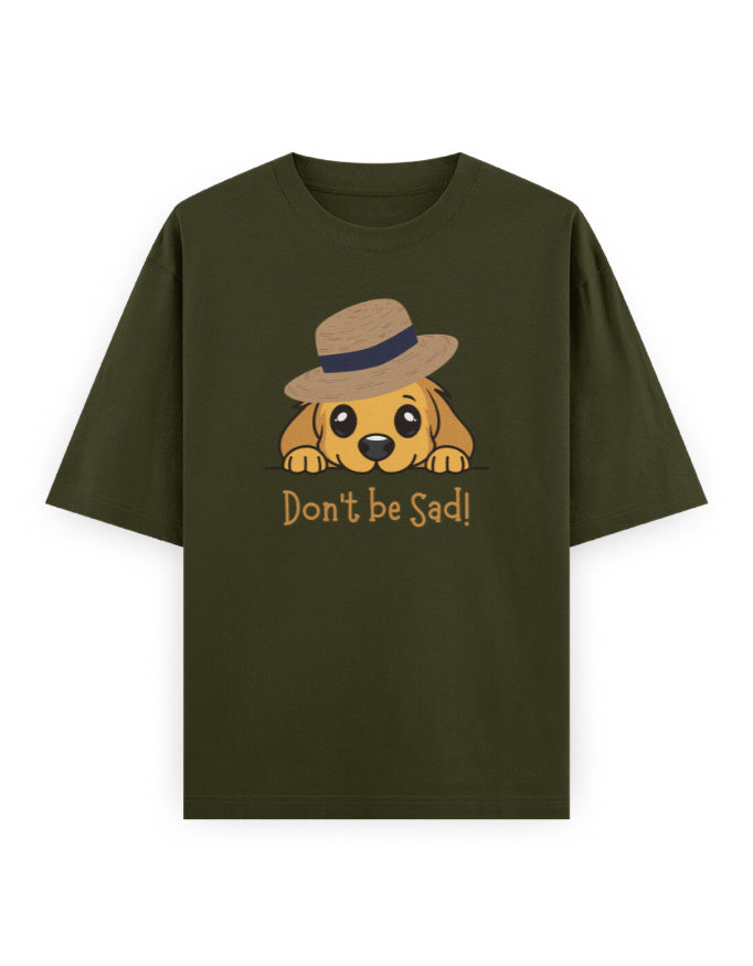 Oversized green t-shirt with cute cartoon dog in a hat and 'Don't be Sad!' text