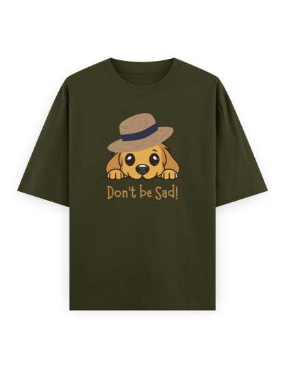 Oversized green t-shirt with cute cartoon dog in a hat and 'Don't be Sad!' text