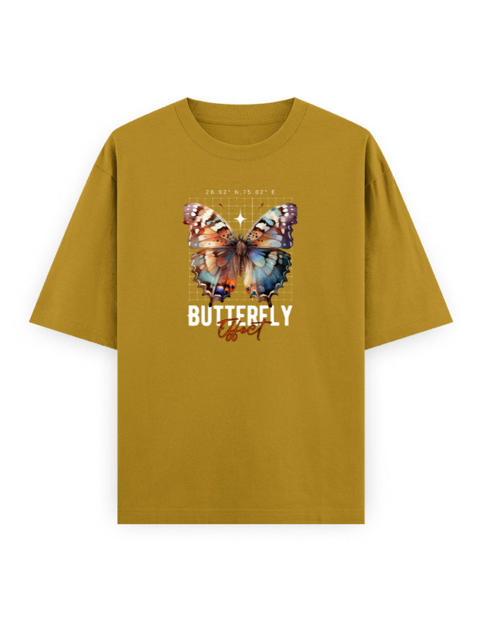 Oversized mustard t-shirt with butterfly effect graphic and bold butterfly print on front