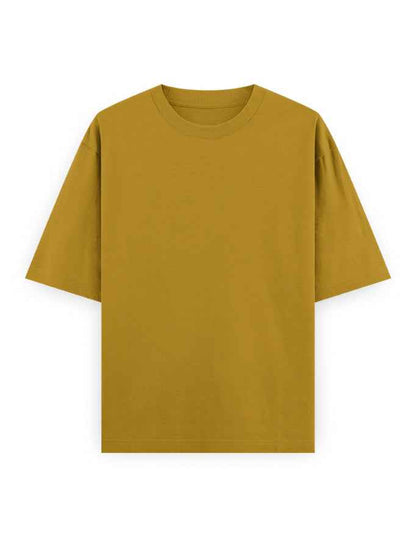 Oversized mustard yellow t-shirt with short sleeves, laid flat on a white background