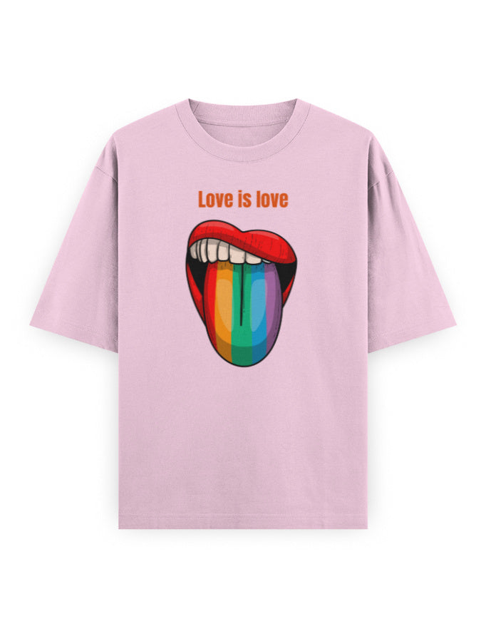 Pink oversized t-shirt with 'Love is love' text and rainbow lips graphic, streetwear fashion