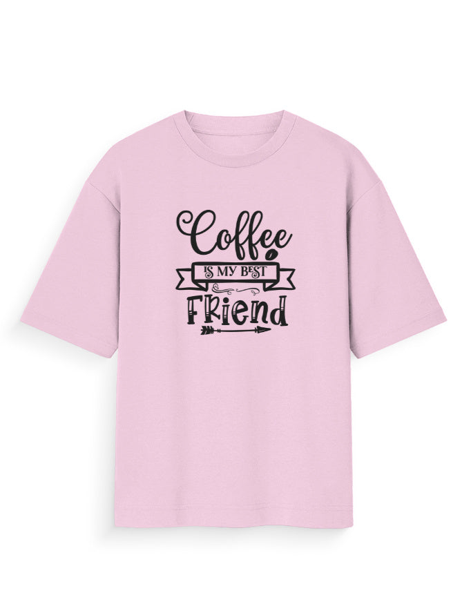 Pink oversized t-shirt with 'Coffee is my best friend' graphic, trendy streetwear fashion