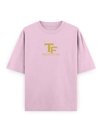 Light pink oversized streetwear t-shirt with gold TF Trend Fever logo on chest
