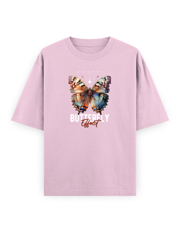 Pastel purple oversized t-shirt with a large butterfly graphic and 'Butterfly Effect' text.