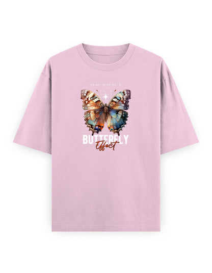 Pastel purple oversized t-shirt with a large butterfly graphic and 'Butterfly Effect' text.