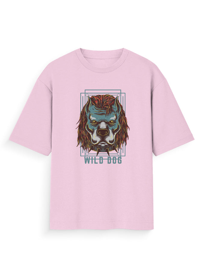 Pink oversized t-shirt with bold wild dog graphic and streetwear style print
