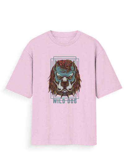 Pink oversized t-shirt with bold wild dog graphic and streetwear style print