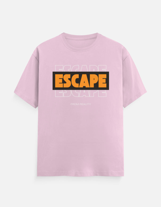 A TREND FEVER light pink short-sleeve t-shirt with a graphic on the chest. The graphic features the word 'ESCAPE' in bold orange letters inside a black rectangular box, with a faded white 'ESCAPE' text pattern in the background and 'FUCK REALITY' printed in small white text below.