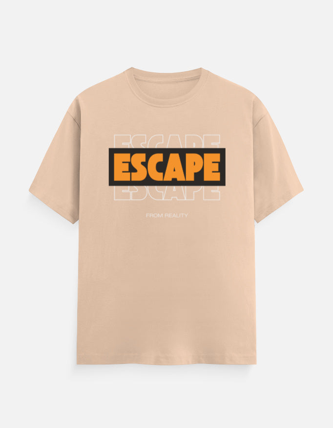 A light beige crewneck t-shirt featuring a graphic on the chest with the word 'ESCAPE' in bold orange letters inside a black rectangle, with faint gray 'ESCAPE' text behind it and 'FUCK EVERY' in small gray text below.