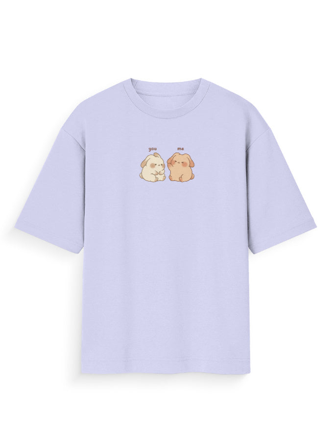 Light purple oversized t-shirt with cute cartoon bunnies and 'you me' text on front