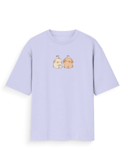 Light purple oversized t-shirt with cute cartoon bunnies and 'you me' text on front