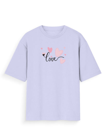 Oversized pastel purple t-shirt with 'love' text and pink heart graphics on front