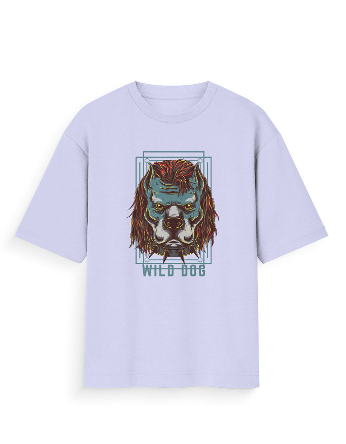 Oversized lavender streetwear t-shirt with bold wild dog graphic and text on front