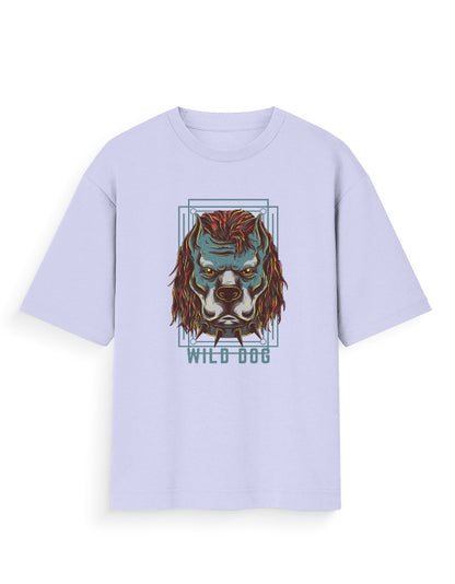 Oversized lavender streetwear t-shirt with bold wild dog graphic and text on front