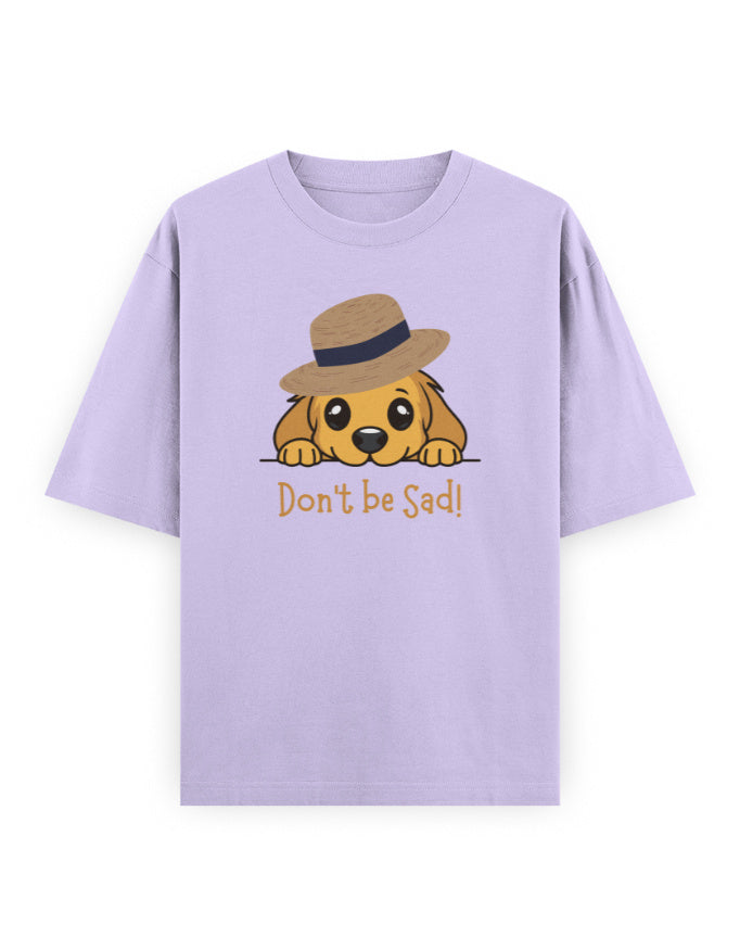 Lilac oversized t-shirt with cute dog in hat and 'Don't be Sad!' text print on front