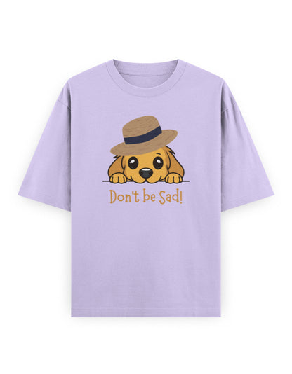 Lilac oversized t-shirt with cute dog in hat and 'Don't be Sad!' text print on front