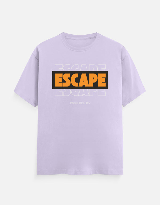 A light purple short-sleeve t-shirt with a graphic on the chest. The graphic features the word 'ESCAPE' in bold orange letters inside a black rectangular box, with a faint white 'ESCAPE' text design layered behind it, and 'FUCK REALITY' printed in small white text below.