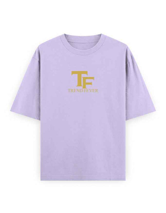 Lavender oversized t-shirt with gold TF Trend Fever logo, streetwear fashion