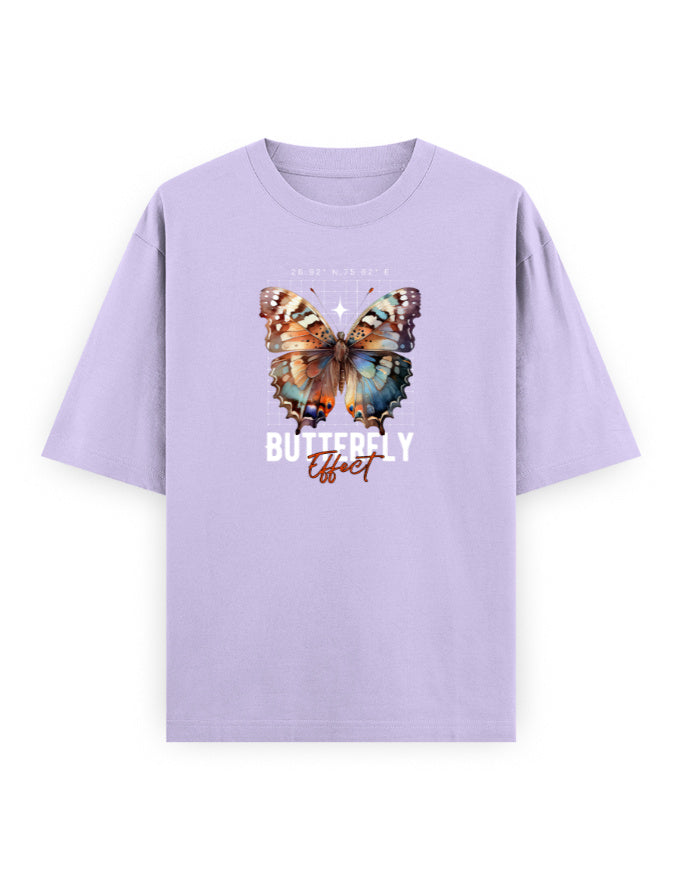 Lilac oversized t-shirt with colorful butterfly effect graphic and bold streetwear style